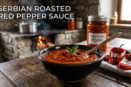 A rustic bowl of deep red, smoky Ajvar sauce resting next to charred red bell peppers and a roasted eggplant on a wooden prep table.
