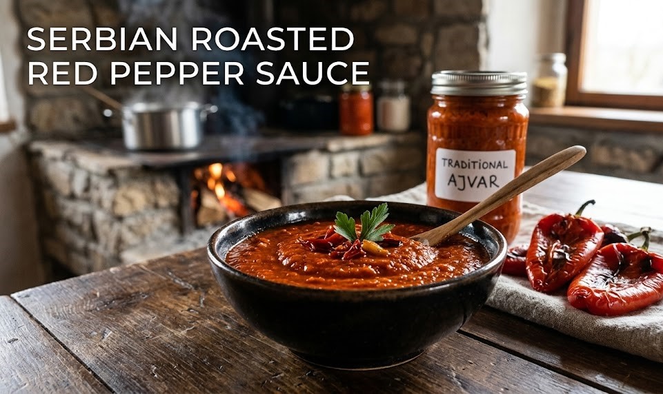 A rustic bowl of deep red, smoky Ajvar sauce resting next to charred red bell peppers and a roasted eggplant on a wooden prep table.