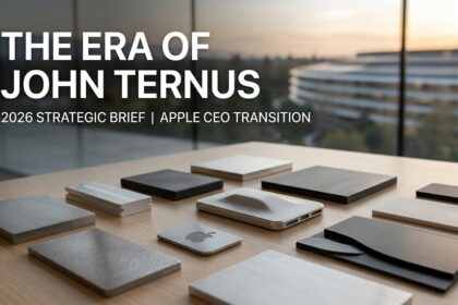 A sophisticated digital dashboard displaying Apple's stock valuation, hardware blueprints, and timelines marking the leadership transition from Tim Cook to John Ternus.