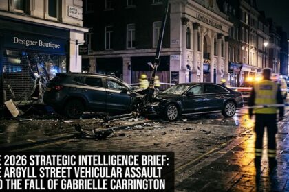 A digital rendering of police tape and emergency lights illuminating the street outside a London nightclub, overlaid with legal scales and social media analytics icons.