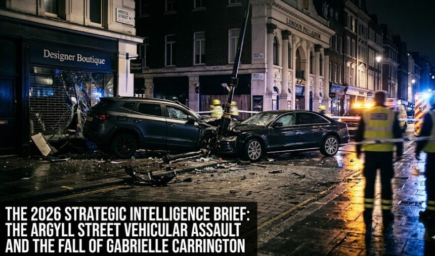 A digital rendering of police tape and emergency lights illuminating the street outside a London nightclub, overlaid with legal scales and social media analytics icons.