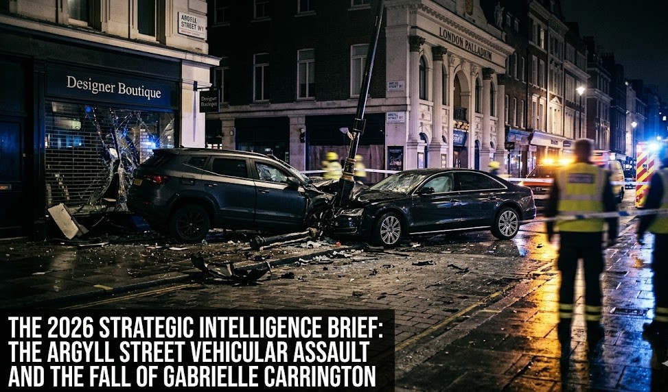 A digital rendering of police tape and emergency lights illuminating the street outside a London nightclub, overlaid with legal scales and social media analytics icons.