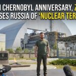 A digital rendering of the Chernobyl New Safe Confinement arch showing visible damage and a breach in the cladding from a 2025 drone strike.