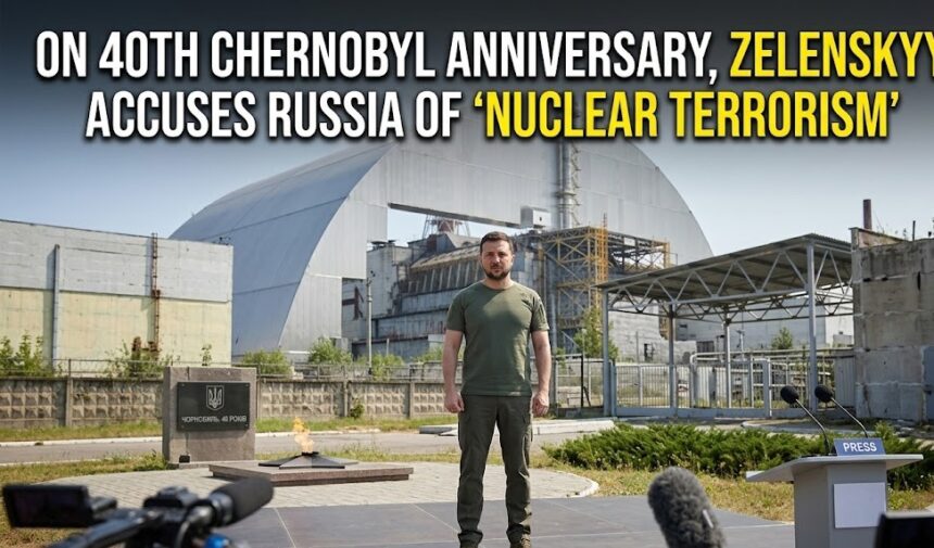 A digital rendering of the Chernobyl New Safe Confinement arch showing visible damage and a breach in the cladding from a 2025 drone strike.