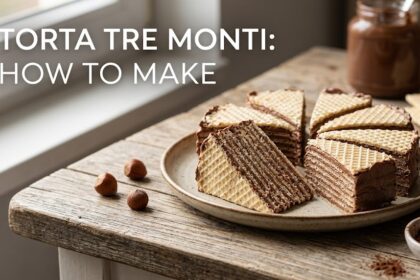 A beautiful slice of Torta Tre Monti revealing delicate wafer layers filled with rich hazelnut cream and coated in a smooth dark chocolate shell.