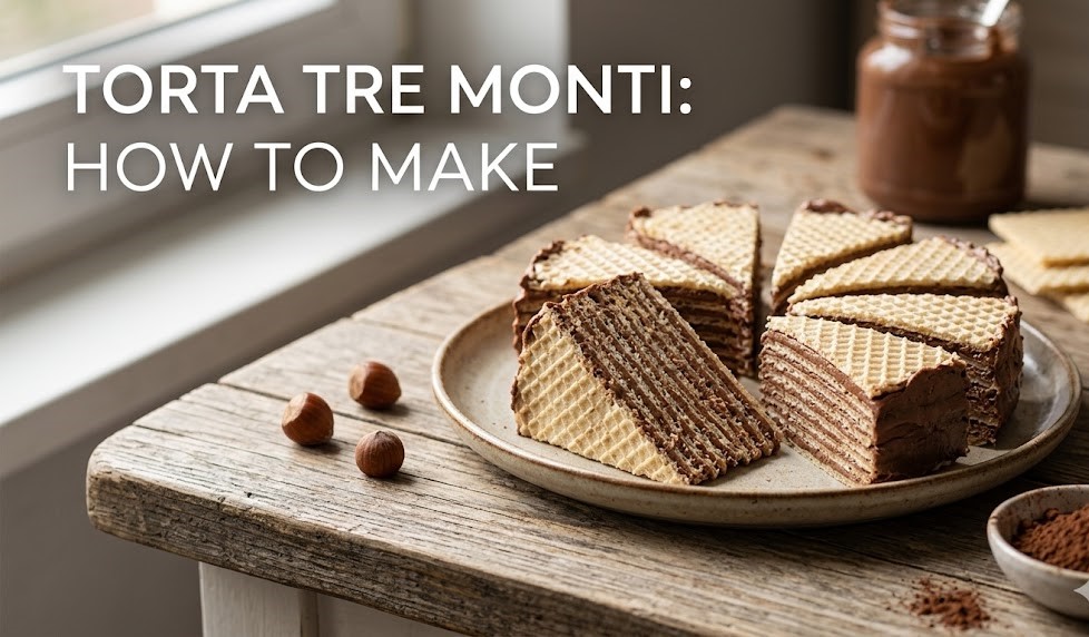 A beautiful slice of Torta Tre Monti revealing delicate wafer layers filled with rich hazelnut cream and coated in a smooth dark chocolate shell.