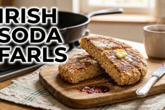 Four golden-brown Irish soda farls resting on a rustic wooden cutting board next to a pat of butter and a cup of tea.