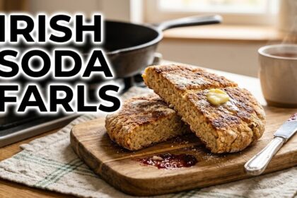 Four golden-brown Irish soda farls resting on a rustic wooden cutting board next to a pat of butter and a cup of tea.