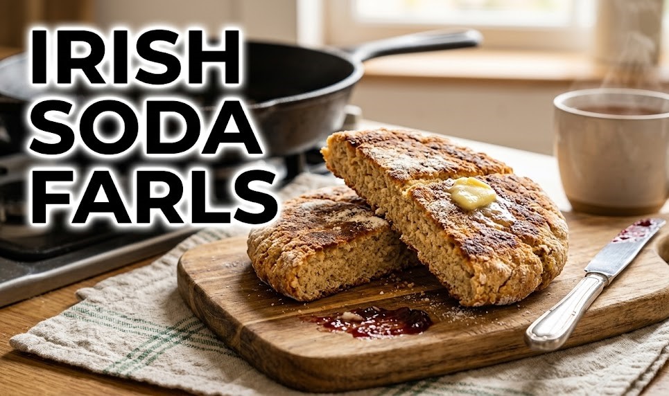 Four golden-brown Irish soda farls resting on a rustic wooden cutting board next to a pat of butter and a cup of tea.