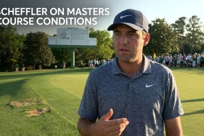 Golfer Scottie Scheffler walking toward the 18th green during the final round of the Masters Tournament at Augusta National.