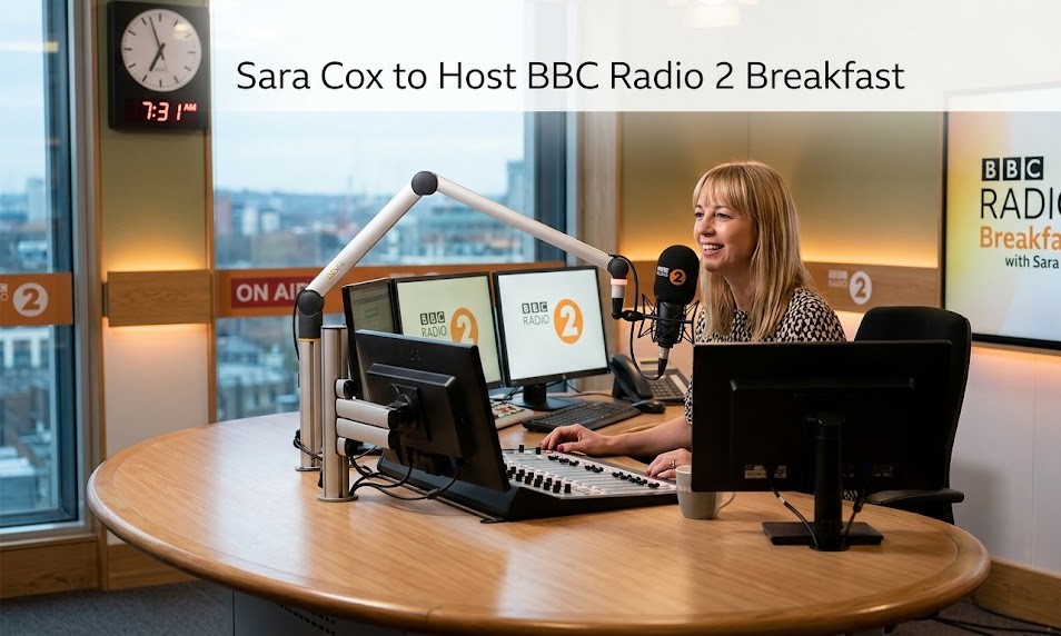 A professional portrait of BBC Radio 2 presenter Sara Cox smiling warmly into the camera, signaling her upcoming transition to the flagship morning Breakfast Show.