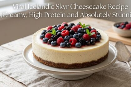 A slice of airy Skyr cheesecake topped with fresh raspberries and a dusting of powdered sugar.