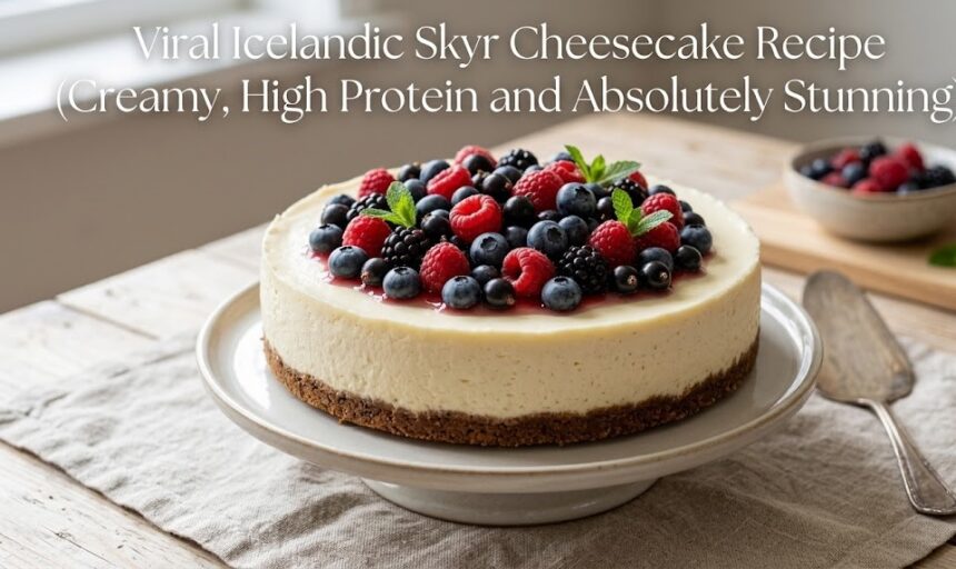 A slice of airy Skyr cheesecake topped with fresh raspberries and a dusting of powdered sugar.