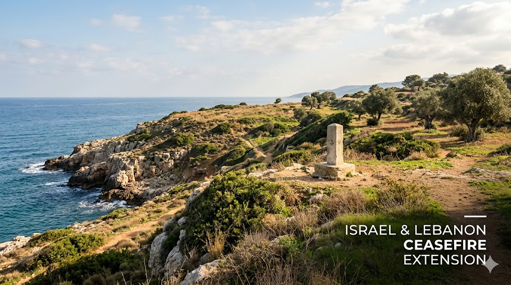 A digital graphic of the Lebanon-Israel border showing a transparent 45-day countdown timer overlaid with diplomatic seals from Washington, Beirut, and Jerusalem.
