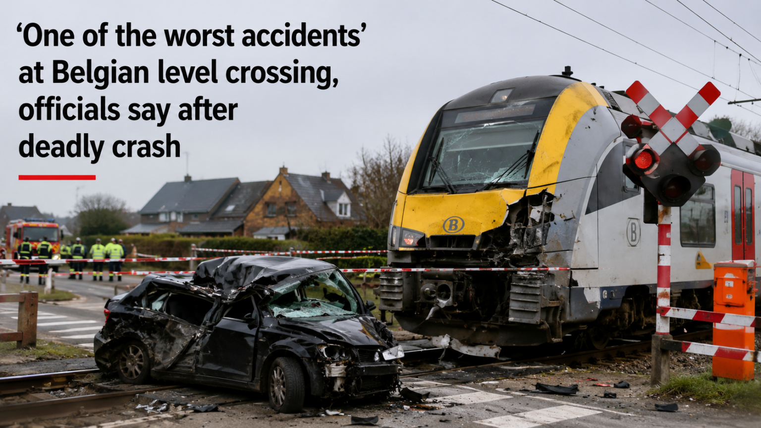 Emergency services surrounding the wreckage of a school minibus next to a railway line after a fatal train collision in Buggenhout, Belgium.