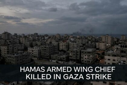 A digital graphic showing a tactical drone view of an urban strike zone in Gaza, overlaid with a "Target Terminated" indicator and the Trump-Xi summit logo.