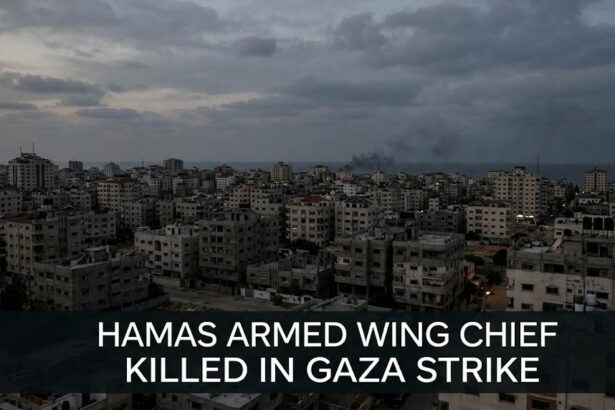 A digital graphic showing a tactical drone view of an urban strike zone in Gaza, overlaid with a "Target Terminated" indicator and the Trump-Xi summit logo.