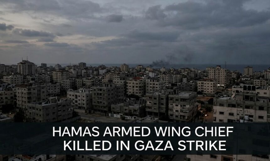 A digital graphic showing a tactical drone view of an urban strike zone in Gaza, overlaid with a "Target Terminated" indicator and the Trump-Xi summit logo.