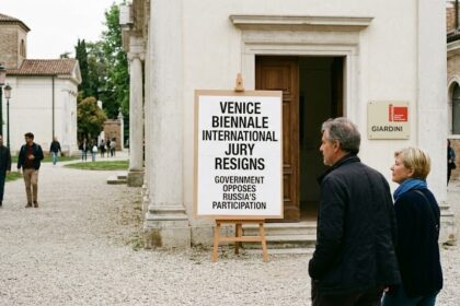 A digital graphic of the Russian Pavilion in Venice set against a backdrop of a €2 million budget cut and a "Democratic Voting" interface.