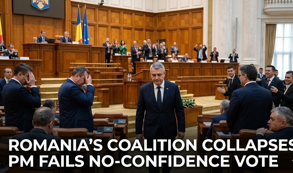 A stark, high-contrast digital map of Romania overlaid with a fractured pie chart representing the divided Romanian Parliament and plummeting economic indicators.