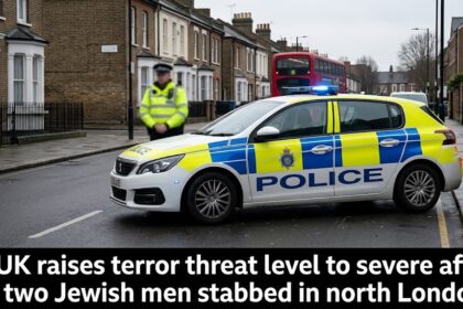 A digital risk dashboard displaying the UK terror threat level raised to "SEVERE," superimposed over a police cordon in a north London neighborhood.