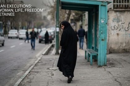 A stark, high-contrast digital map of Iran overlaid with UN human rights data charts and the slogan 'Woman, Life, Freedom' written in faded Persian script.