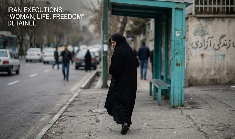 A stark, high-contrast digital map of Iran overlaid with UN human rights data charts and the slogan 'Woman, Life, Freedom' written in faded Persian script.