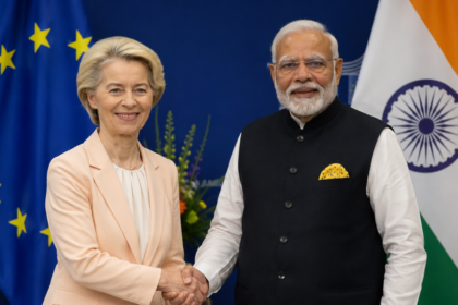 A digital graphic of PM Modi and Ursula von der Leyen at the Gothenburg Business Round Table, overlaid with a technical map showing trade routes between India and the Nordic region.