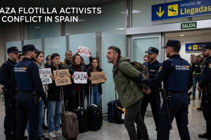 Basque Ertzaintza police officers restraining a Global Sumud Flotilla activist on the floor of the Bilbao airport terminal amidst a chaotic crowd of supporters and media.
