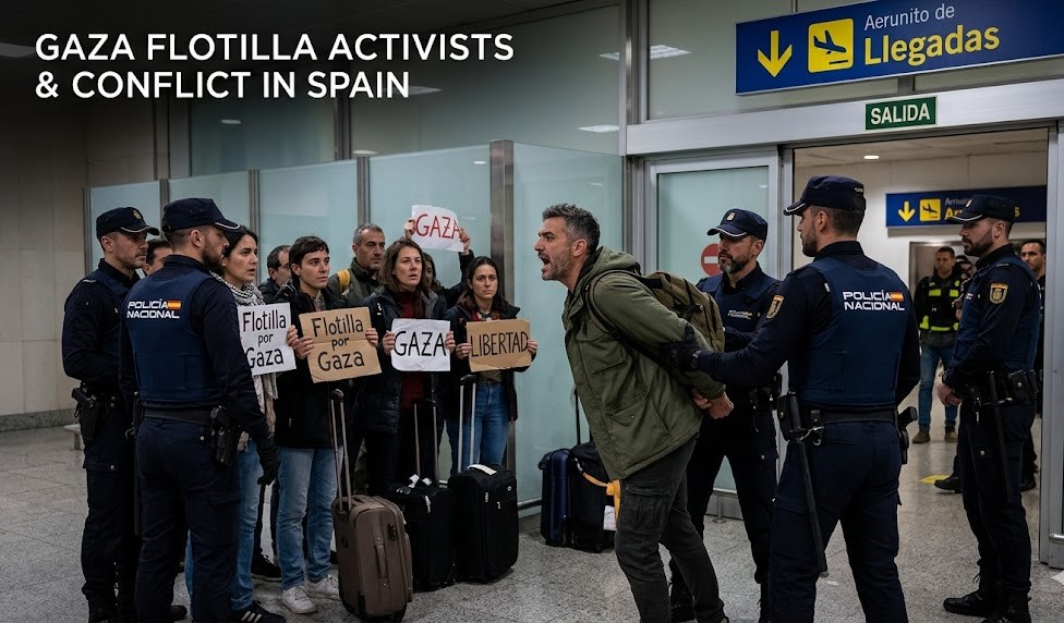 Basque Ertzaintza police officers restraining a Global Sumud Flotilla activist on the floor of the Bilbao airport terminal amidst a chaotic crowd of supporters and media.