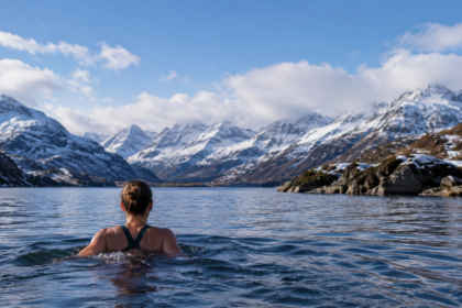 A digital graphic showing a crystal-clear glacial lake in Slovenia, overlaid with a "Hot and Cold Therapy Index" data chart and top 5 rankings.