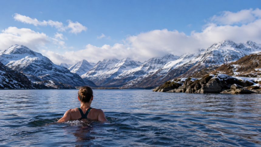 A digital graphic showing a crystal-clear glacial lake in Slovenia, overlaid with a "Hot and Cold Therapy Index" data chart and top 5 rankings.