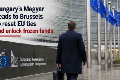 European Commission President Ursula von der Leyen shaking hands with new Hungarian Prime Minister Péter Magyar in Brussels after signing a historic €16.4 billion funding agreement.