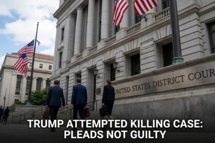 A digital graphic of the Washington Hilton with a Secret Service "Crime Scene" tape and an orange jumpsuit silhouette representing the defendant.