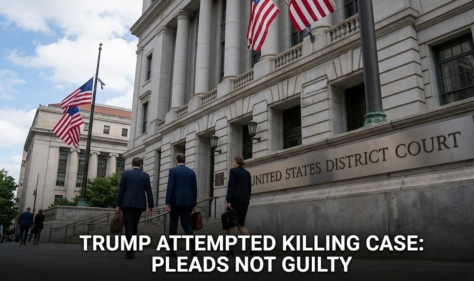 A digital graphic of the Washington Hilton with a Secret Service "Crime Scene" tape and an orange jumpsuit silhouette representing the defendant.