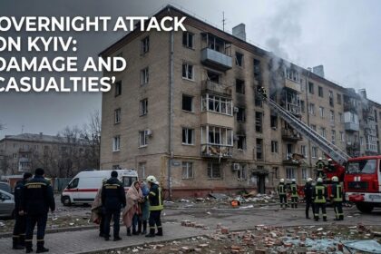 A digital graphic showing a 12-storey Kyiv apartment block with fire damage, overlaid with a technical schematic of the Colossus 1 supercomputer and NATO border indicators.