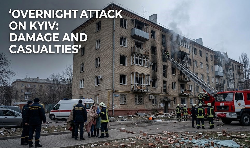A digital graphic showing a 12-storey Kyiv apartment block with fire damage, overlaid with a technical schematic of the Colossus 1 supercomputer and NATO border indicators.