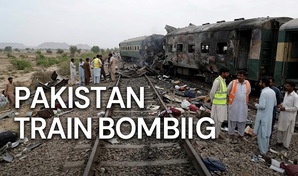 Emergency rescue workers and paramilitary soldiers navigating the charred wreckage of an overturned train carriage following a massive explosion in Quetta, Pakistan.