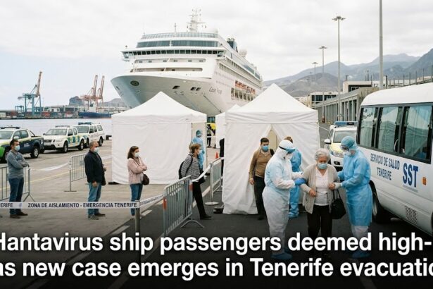 A digital graphic showing a sterile white evacuation tent on a Tenerife dock with the MV Hondius in the background and a "High Risk" biohazard warning.