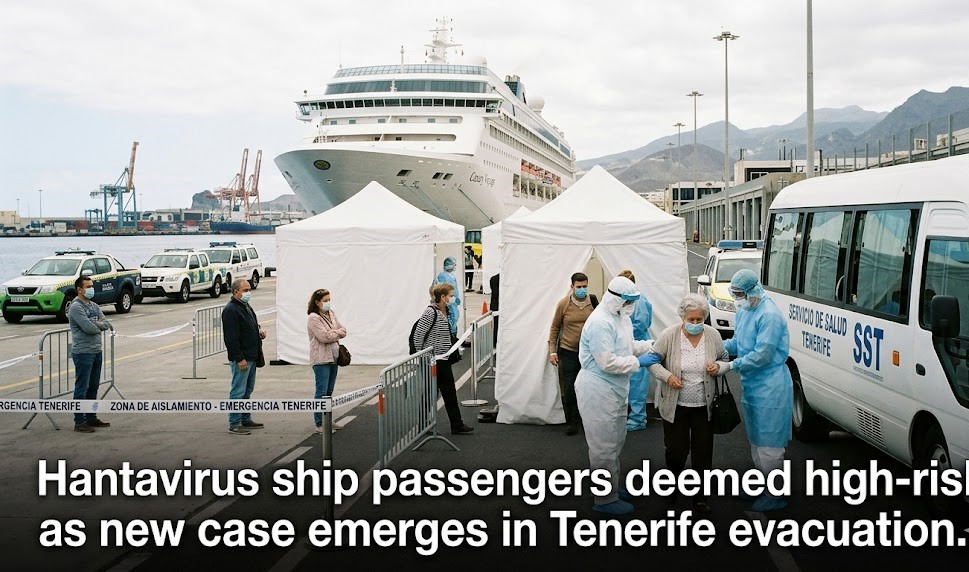 A digital graphic showing a sterile white evacuation tent on a Tenerife dock with the MV Hondius in the background and a "High Risk" biohazard warning.