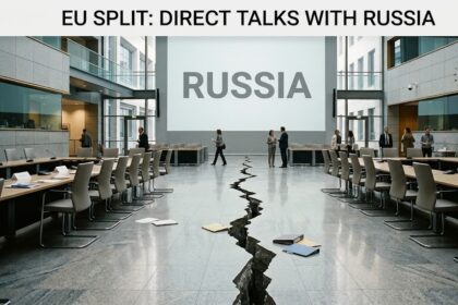 A digital graphic of a divided Brussels assembly hall with silhouettes of EU leaders and a map showing shifting diplomatic lines between Washington, Brussels, and Moscow.