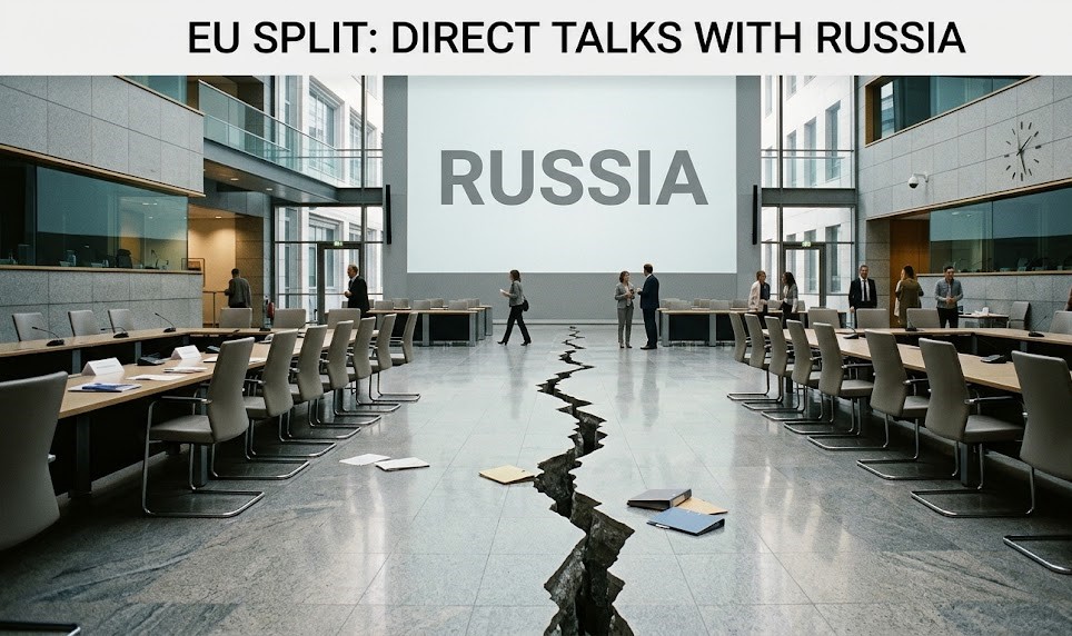 A digital graphic of a divided Brussels assembly hall with silhouettes of EU leaders and a map showing shifting diplomatic lines between Washington, Brussels, and Moscow.