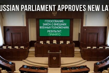A digital graphic of the Russian State Duma with a translucent overlay of the globe and military silhouettes, labeled "Citizen Protection Doctrine."
