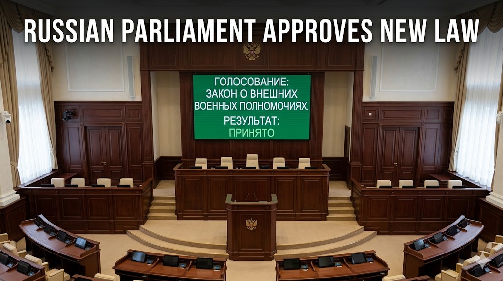 A digital graphic of the Russian State Duma with a translucent overlay of the globe and military silhouettes, labeled "Citizen Protection Doctrine."