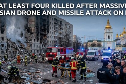 The interior of a damaged residential apartment building exposed to the street following an overnight missile and drone attack in the center of Kyiv, Ukraine.