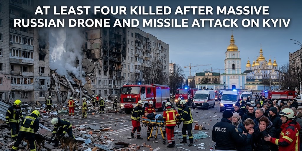 The interior of a damaged residential apartment building exposed to the street following an overnight missile and drone attack in the center of Kyiv, Ukraine.