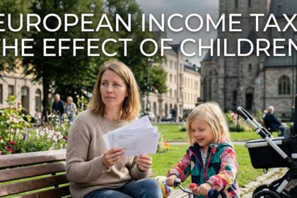 A digital infographic comparing the personal income tax rates of EU nations with icons representing single earners versus families with children.