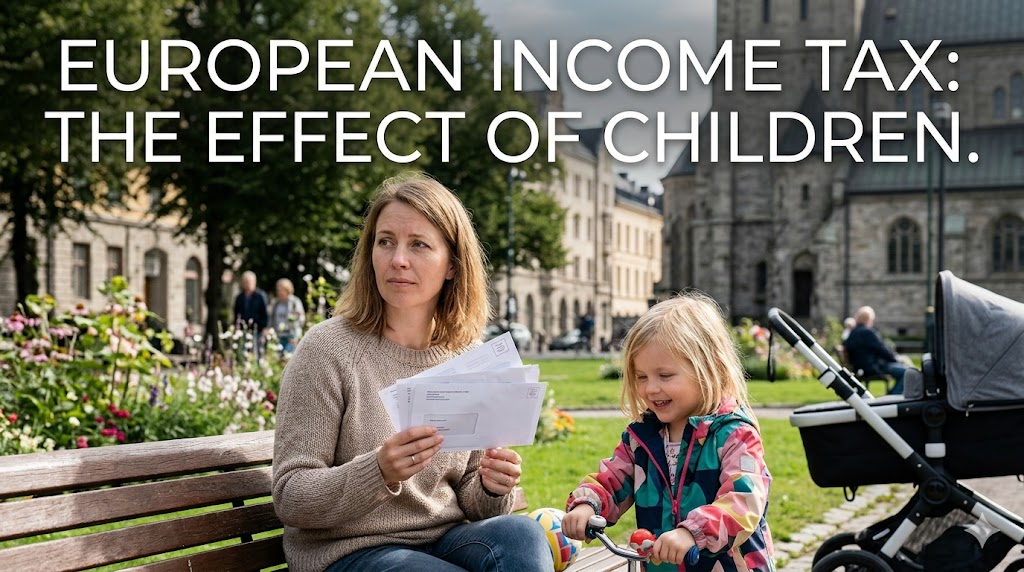 A digital infographic comparing the personal income tax rates of EU nations with icons representing single earners versus families with children.
