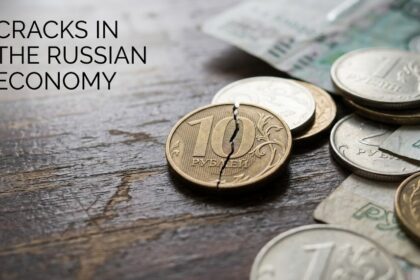 A digital graphic showing a fractured ruble symbol set against a background of rising military spending bars and falling consumer growth indicators.