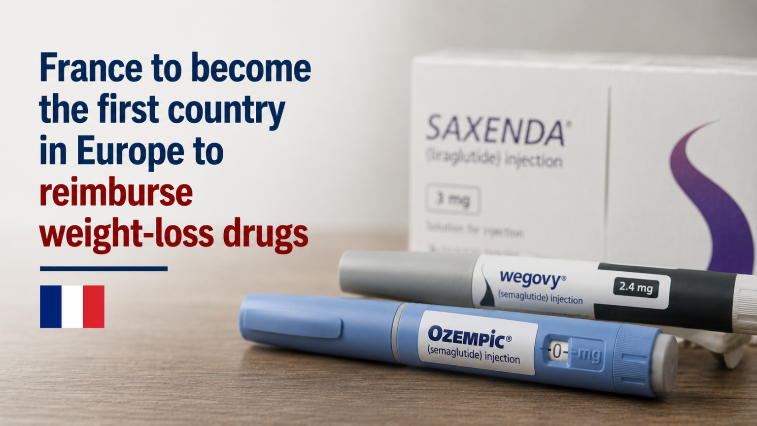 A close-up of a modern pharmaceutical glass vial of a GLP-1 weight-loss medication with a pre-filled injection pen resting on a sterile clinic counter.